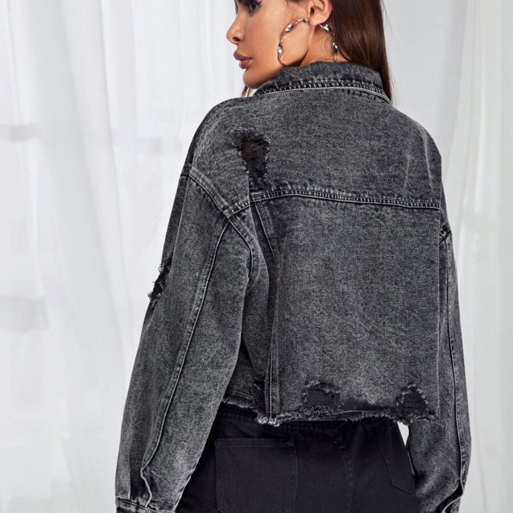 Boho Distressed Button denim black washed Jacket - Picture 6 of 8